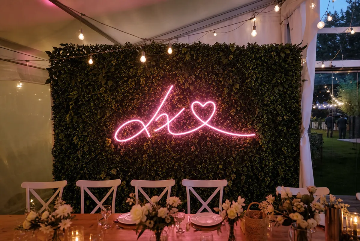 Pink LED neon with a heart on a greenery photo wall at an evening wedding reception