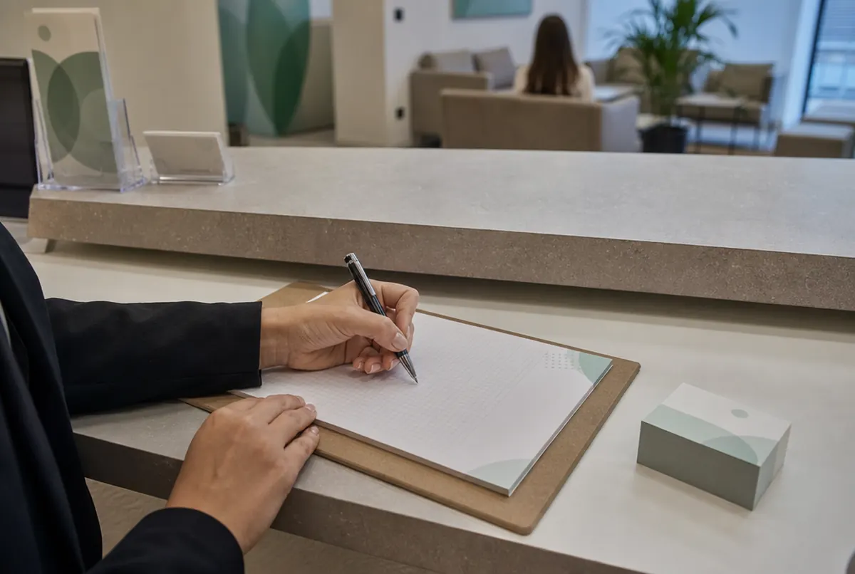 Glued notepad with backing board and a note cube on a clinic reception desk
