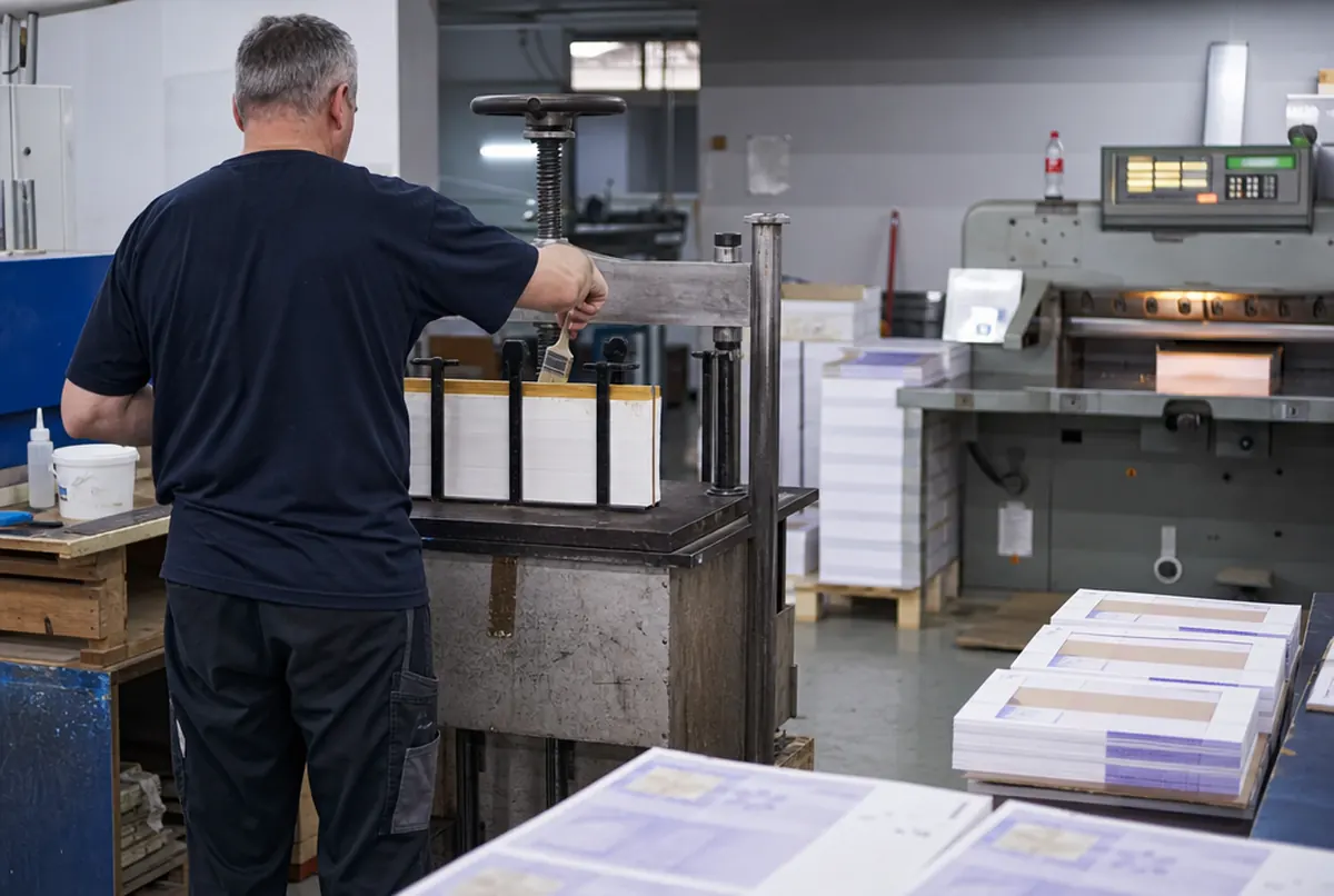 Applying padding glue to the top of note sheets on a padding press