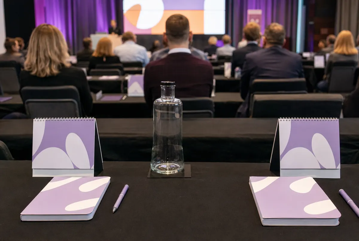 Notepads with covers and simple company calendars in conference gift sets