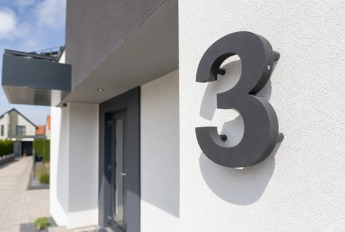 Número 3D antracita fresado con separadores sobre una fachada blanca