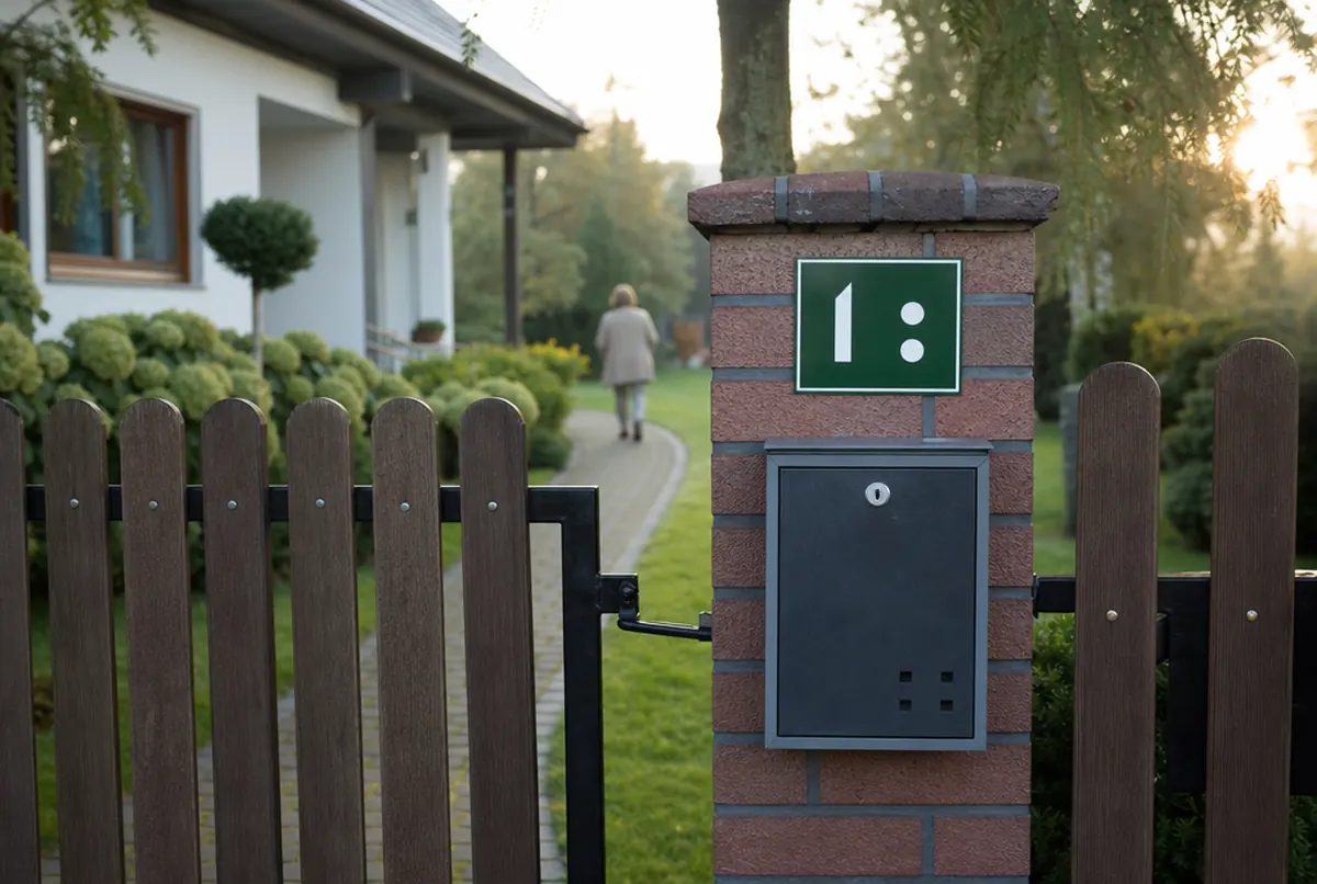Placa de dirección verde en un pilar de ladrillo junto a la cancela de una casa