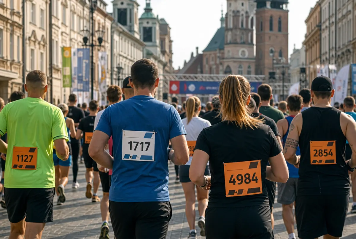 Coureurs vus de dos avec dossards épinglés au départ d'un 10 km en ville