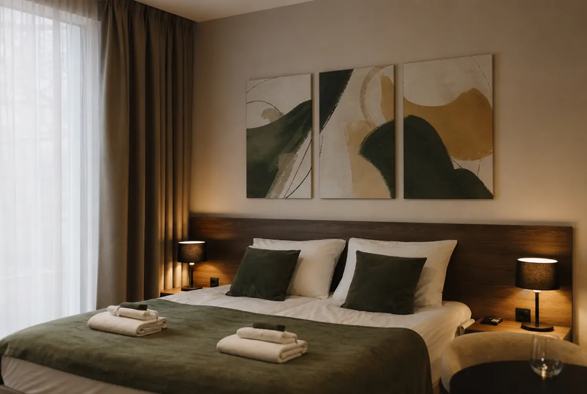 Canvas triptych in green and ochre above the bed in a hotel room