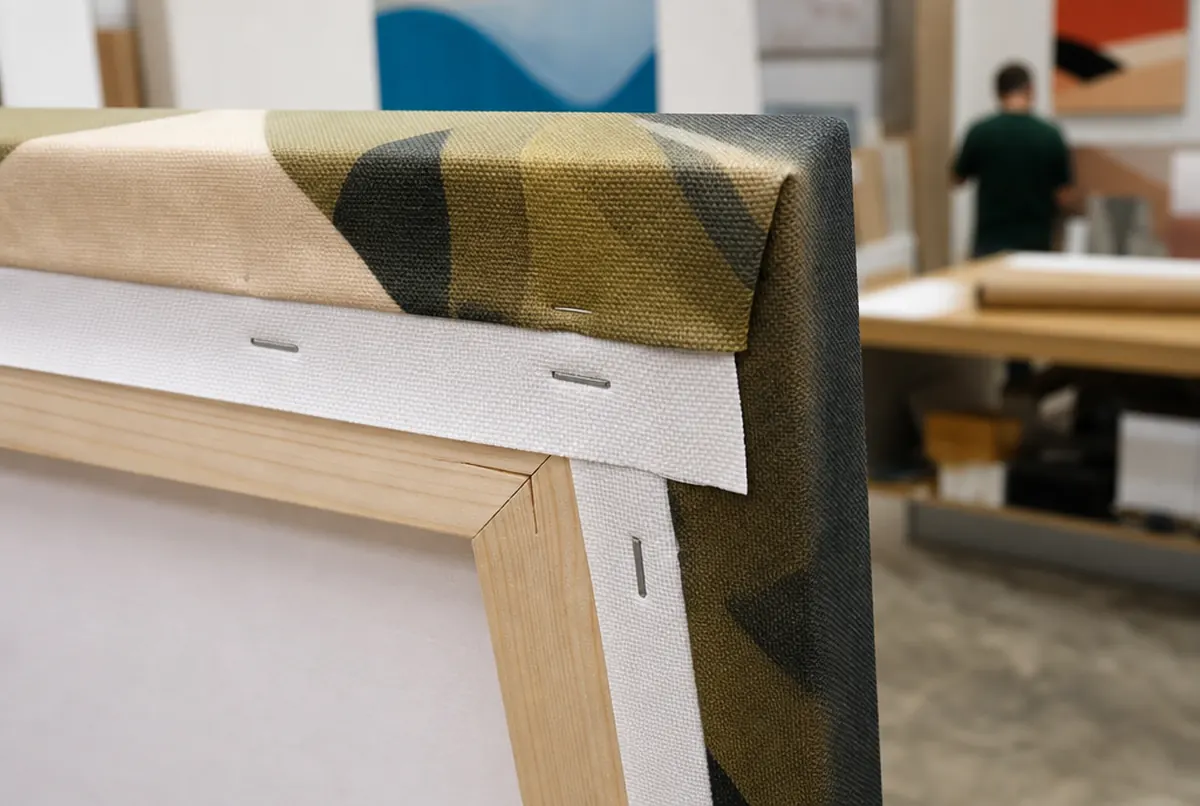 Canvas print corner: woven texture, image wrapped around the side and stapled to the frame