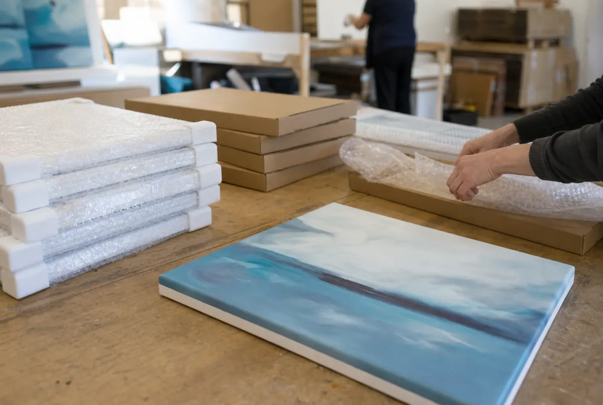 Packing finished canvas prints with protective corners into shipping boxes