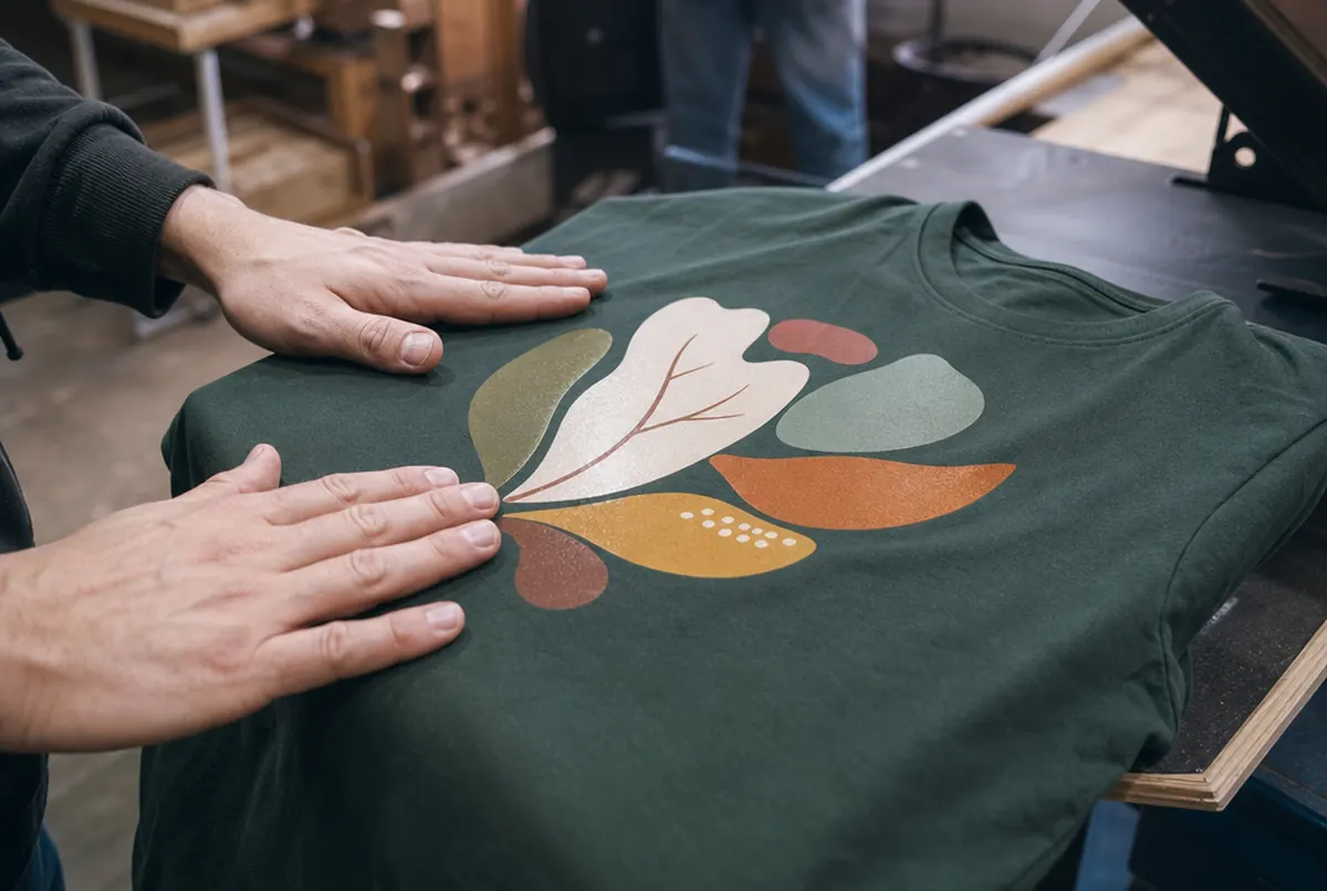 Primer plano de un transfer a todo color recién prensado en una camiseta verde