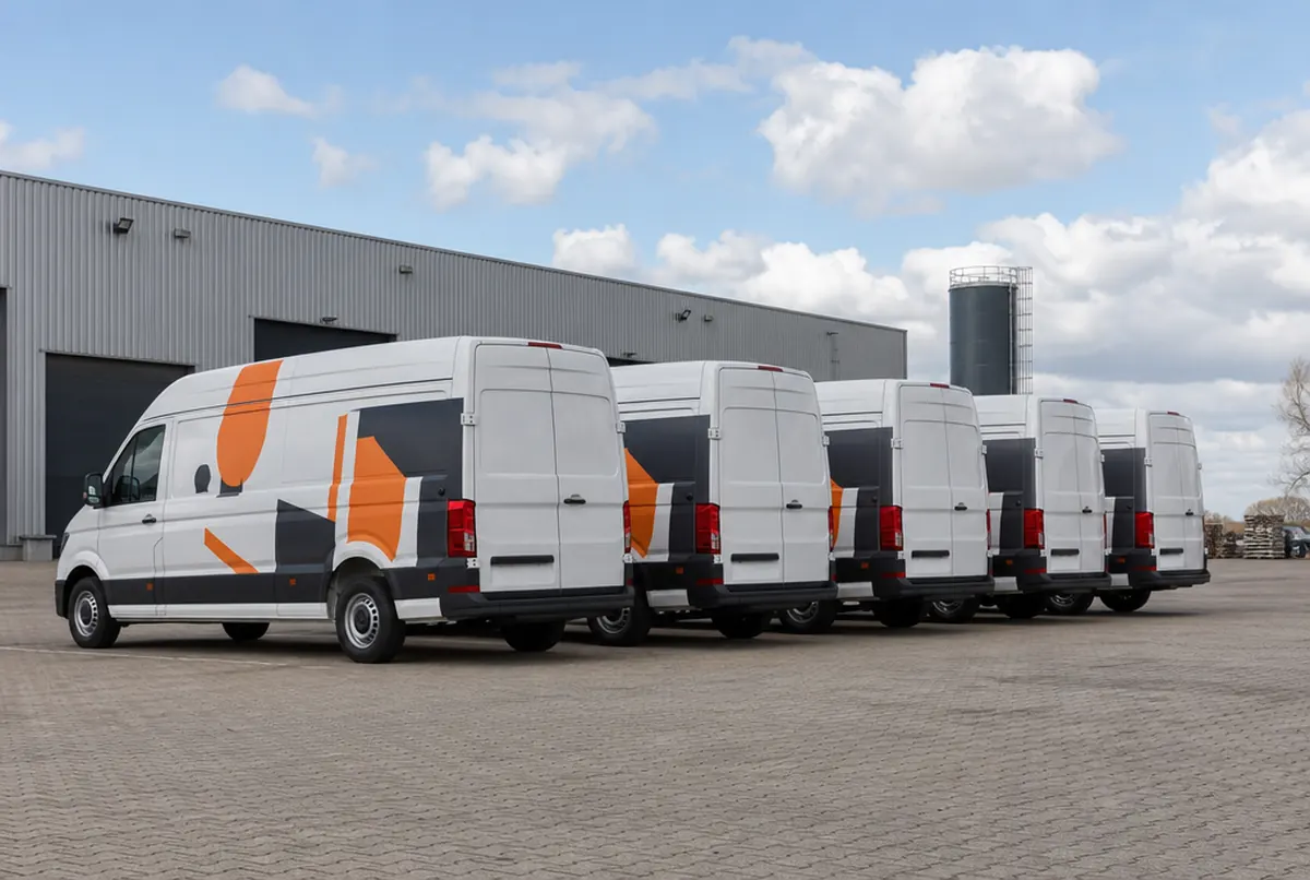 Reihe von fünf gleich beklebten Transportern auf dem Firmenhof