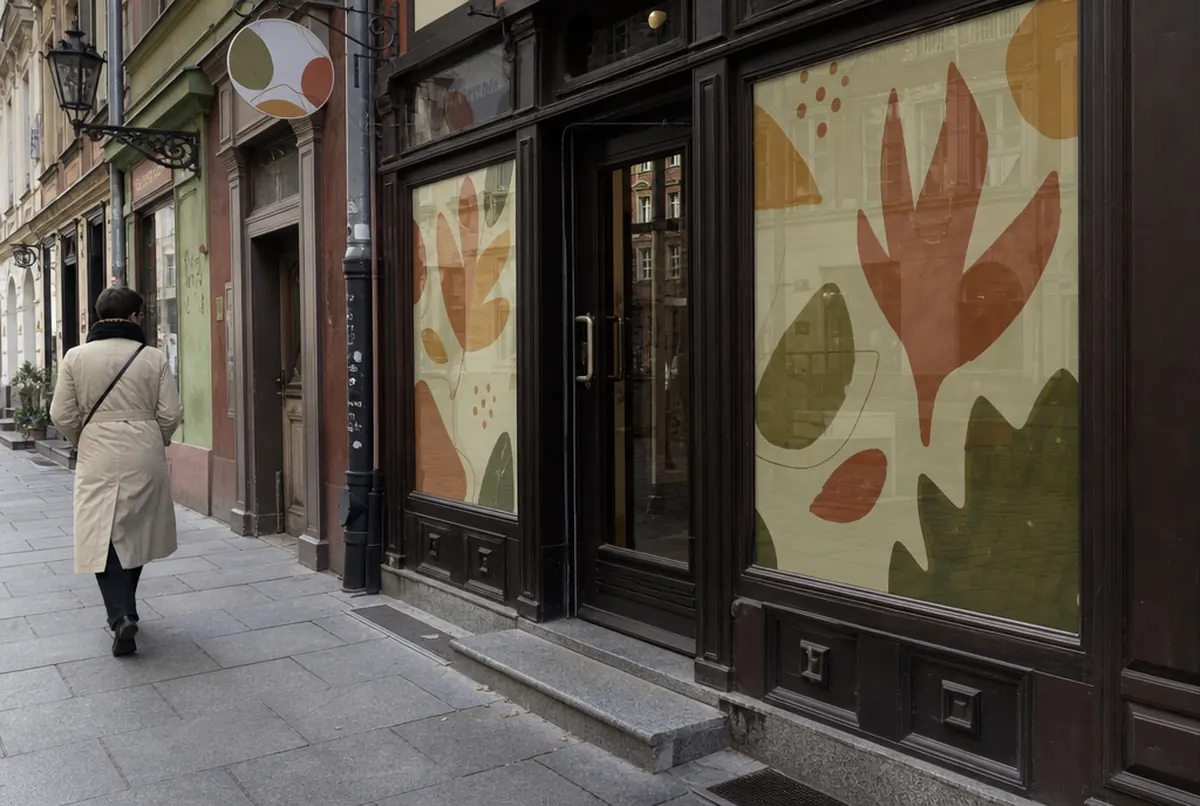 Shop window decorated with an autumn print film on an old-town street