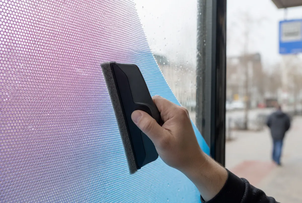 Close-up: a squeegee pressing printed One Way Vision film onto a shop window