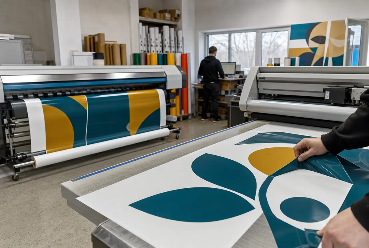 Printing window film and cutting coloured vinyl shapes in the print shop