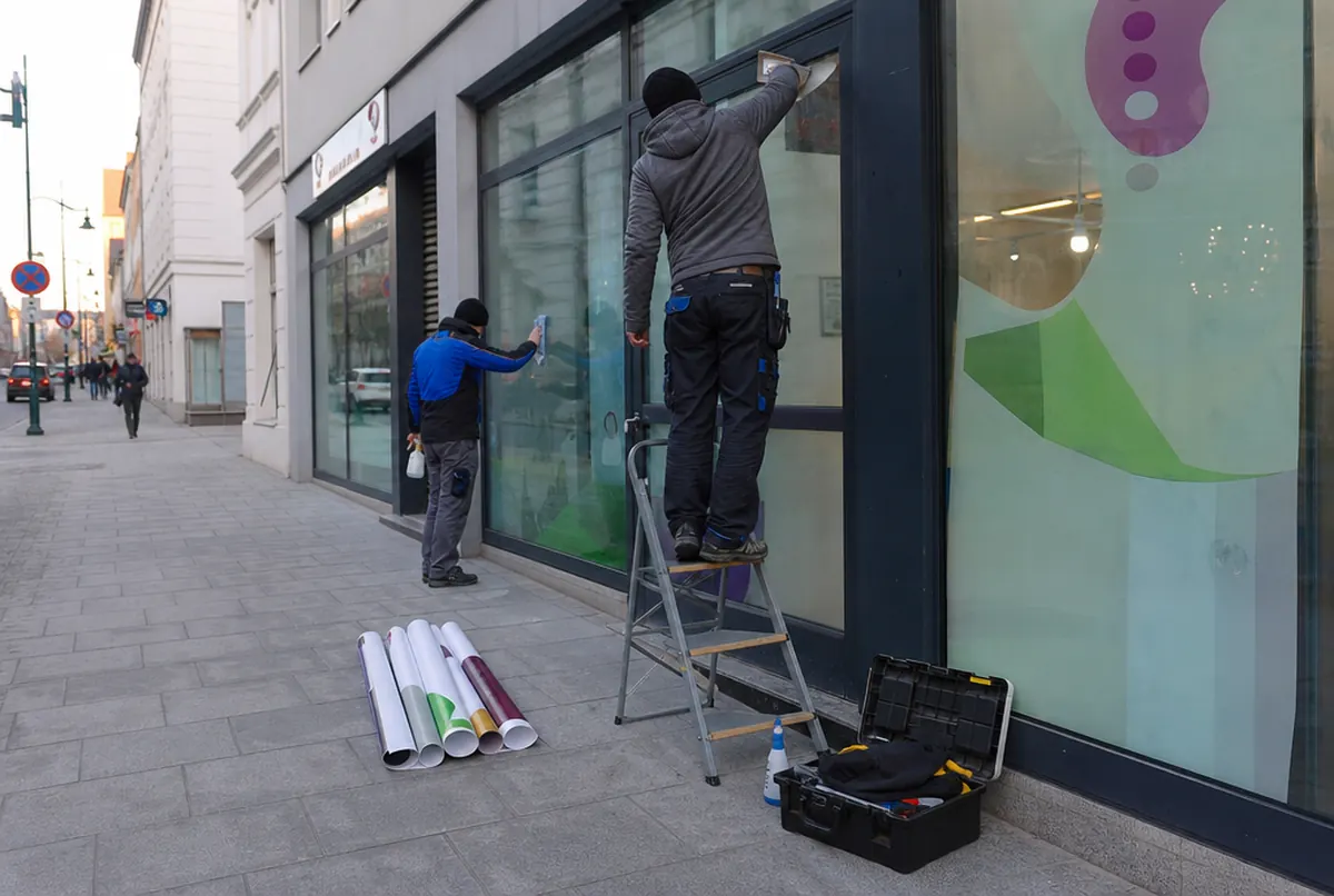 Fitters removing old graphics and cleaning the glass before a new window wrap