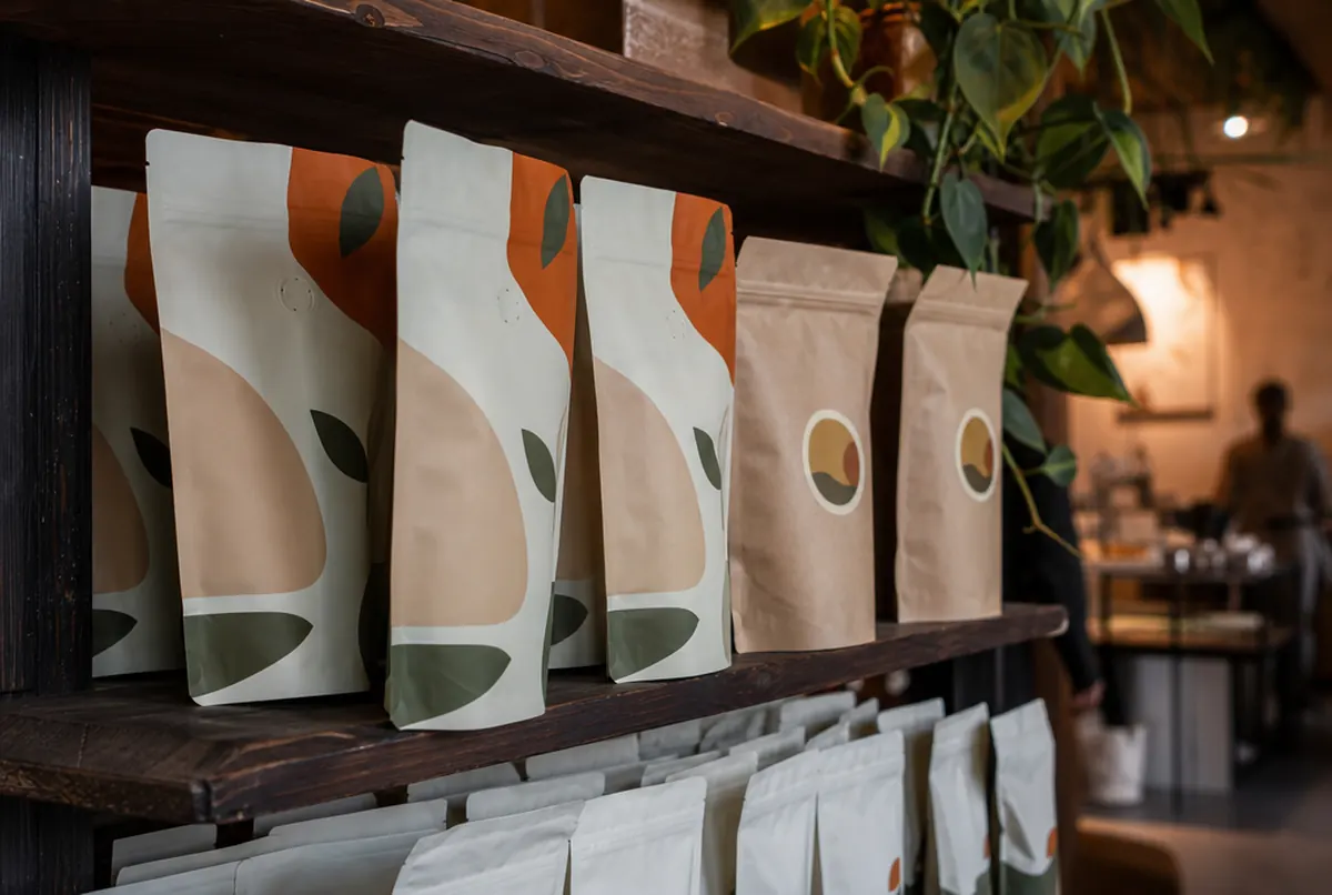 Stand-up doypack pouches with valves and print on a coffee shop shelf