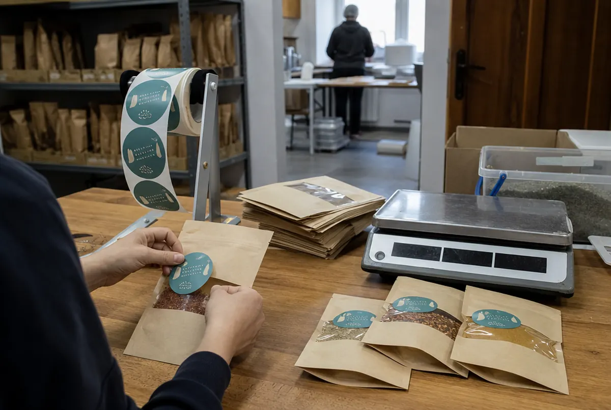 Labelling neutral kraft doypacks of spices by hand for a short run