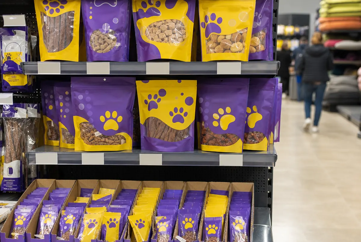 Flat-bottom pet treat pouches and sample sachets on a store shelf
