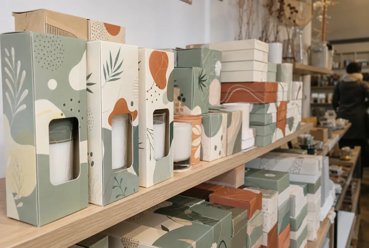 Printed folding cartons and lid-and-base boxes with windows on a store shelf