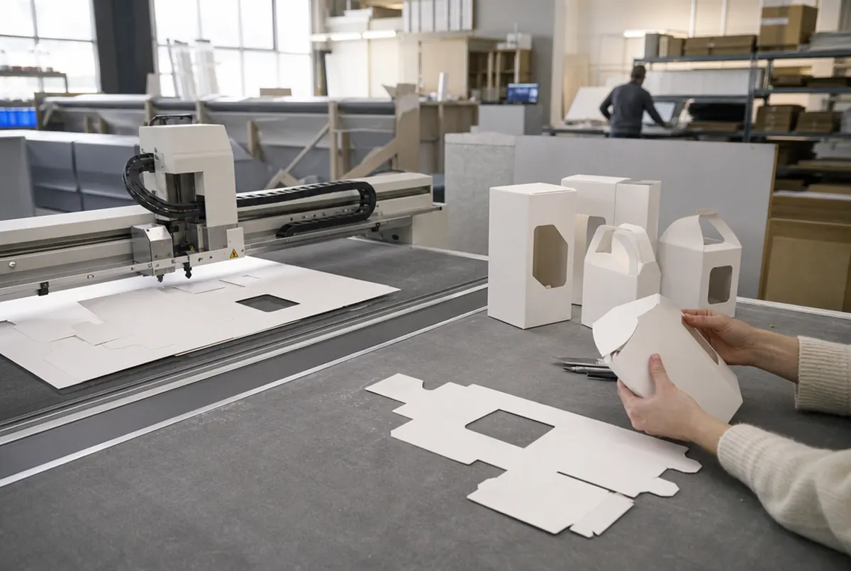 Cutting and creasing white carton mock-ups on the plotter in the packaging workshop