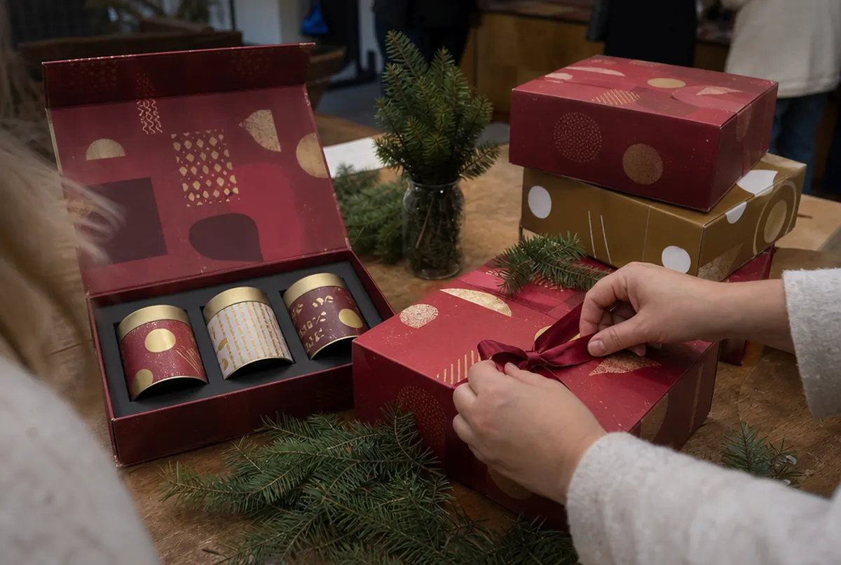 Printed festive gift boxes, one open with an insert holding tea tins
