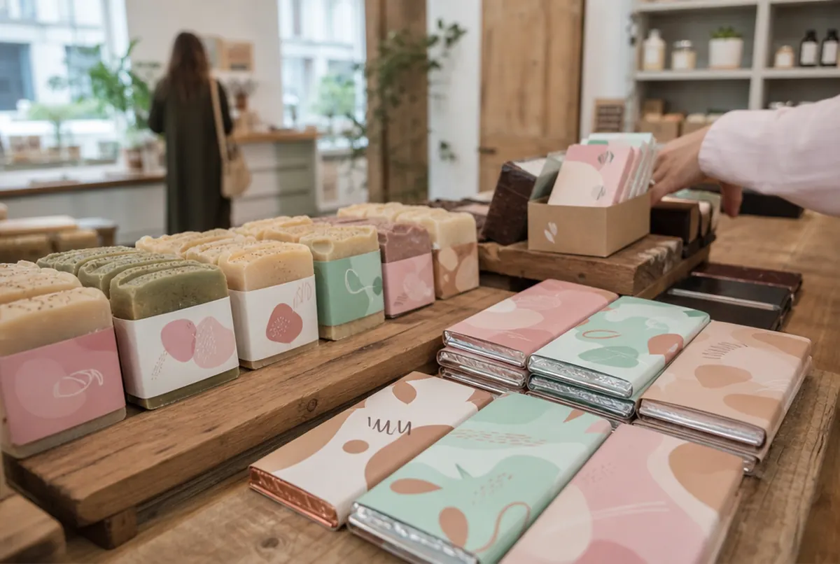 Printed sleeve bands on soaps and chocolate bars on a handmade shop counter