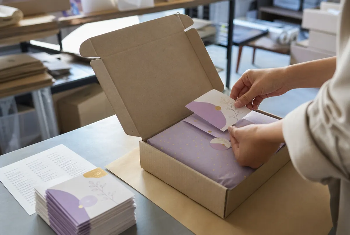 Inserting printed thank-you cards into parcels before shipping