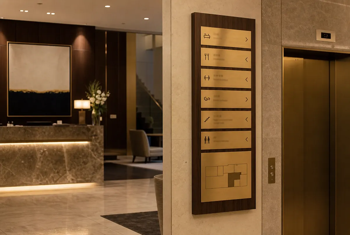 Brass and walnut floor directory sign beside the lifts in a hotel lobby