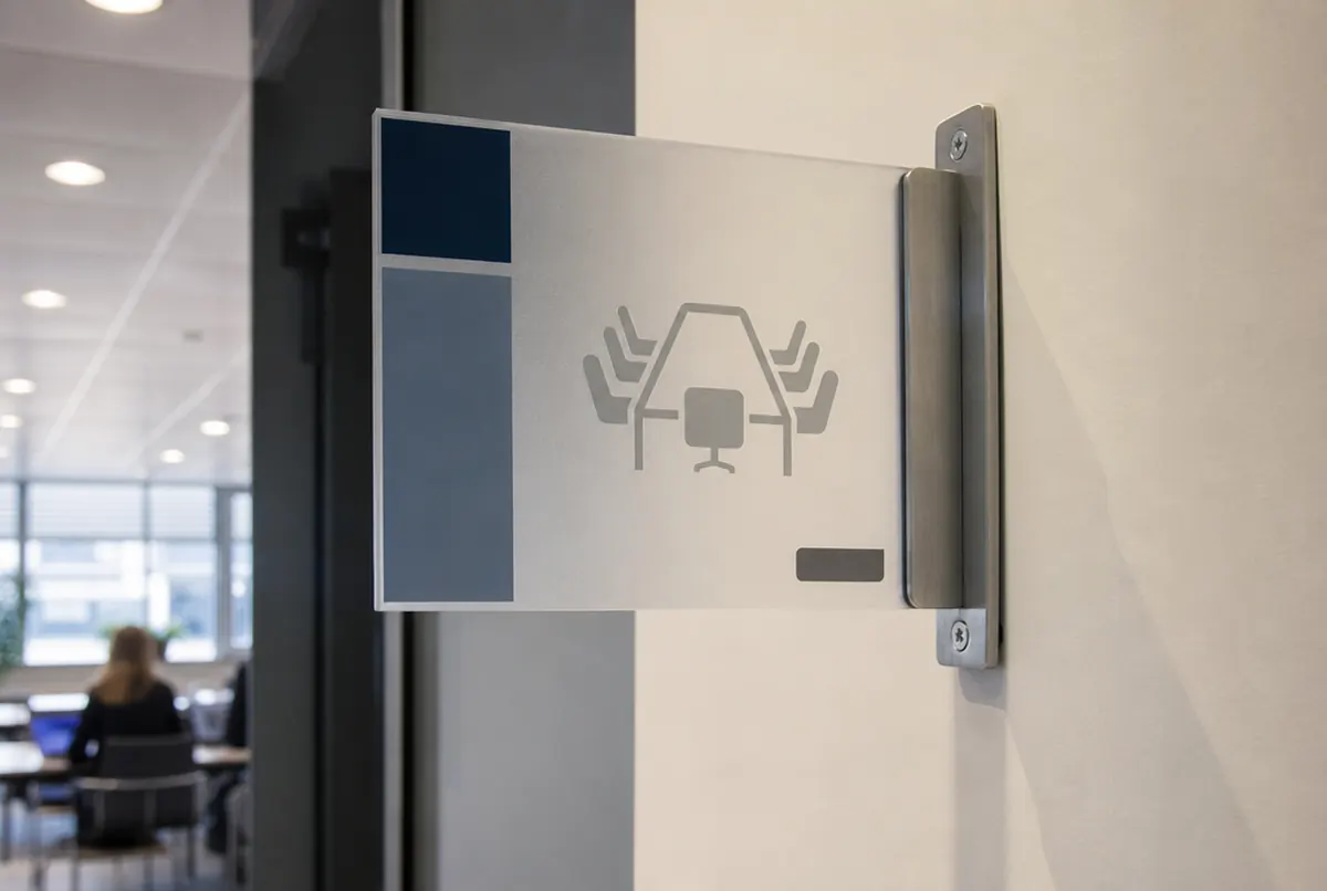 Frosted acrylic flag sign on a steel bracket beside a meeting room door