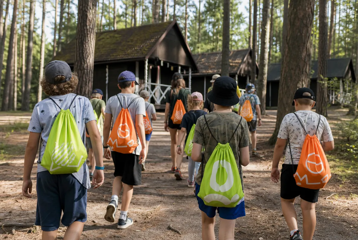 Children at a sports camp carrying printed drawstring pack bags, seen from behind