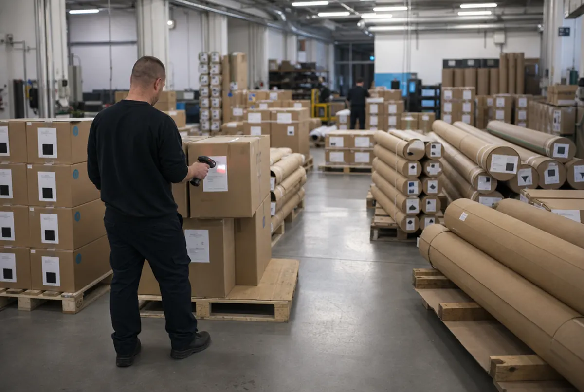 Parcels and tubes with address labels on pallets in the dispatch area