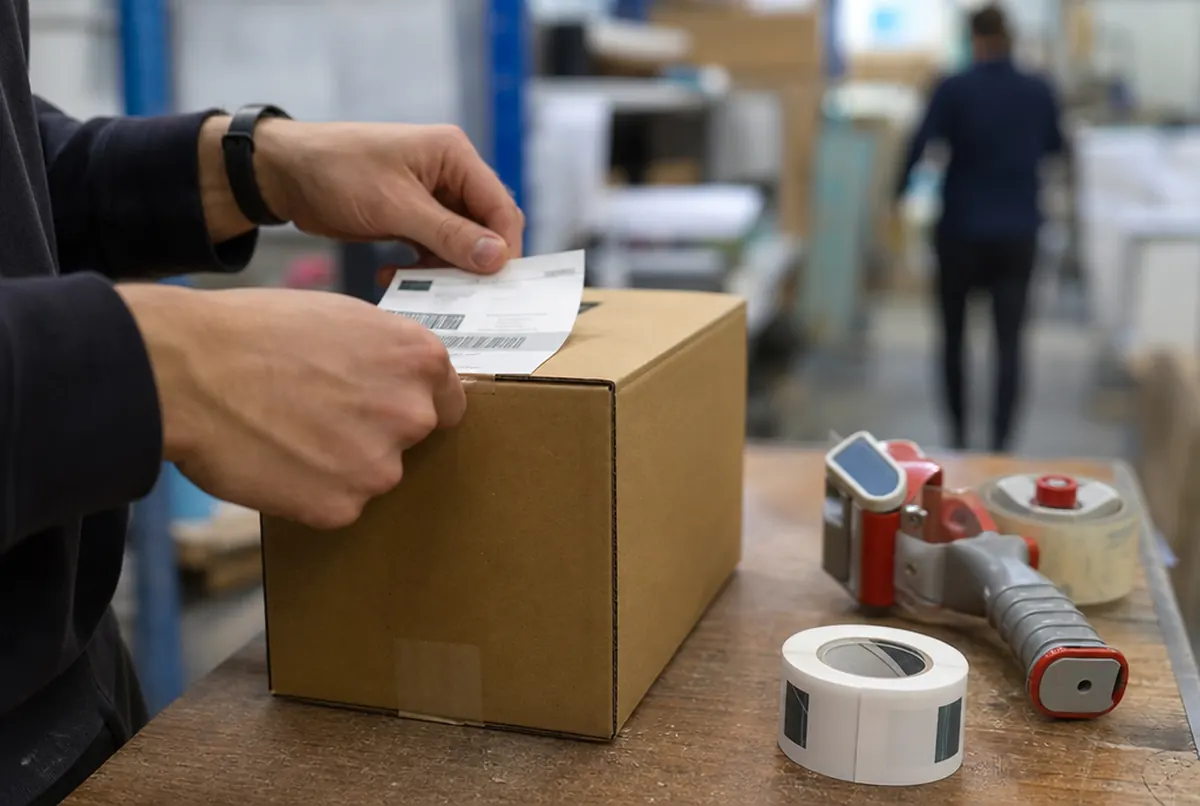 Close-up of a shipping label with a barcode being stuck onto a carton