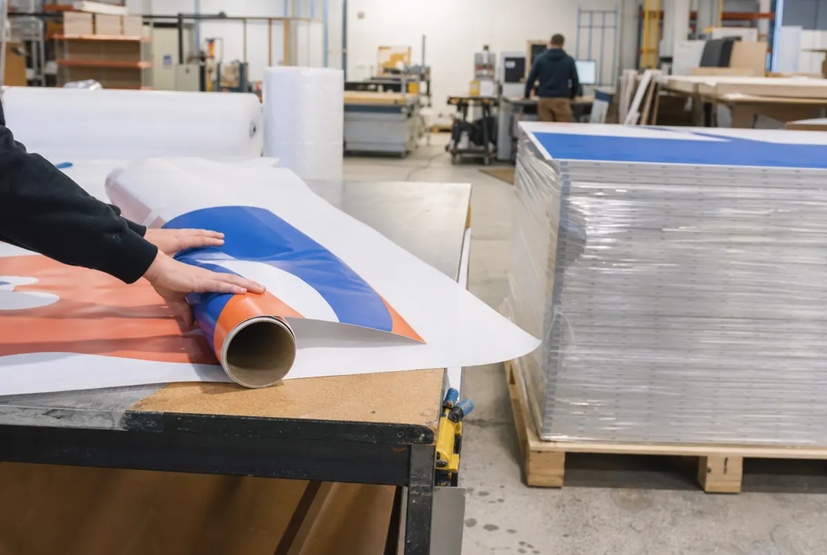 Rolling a graphic into a tube without creases and pallets of boards being wrapped