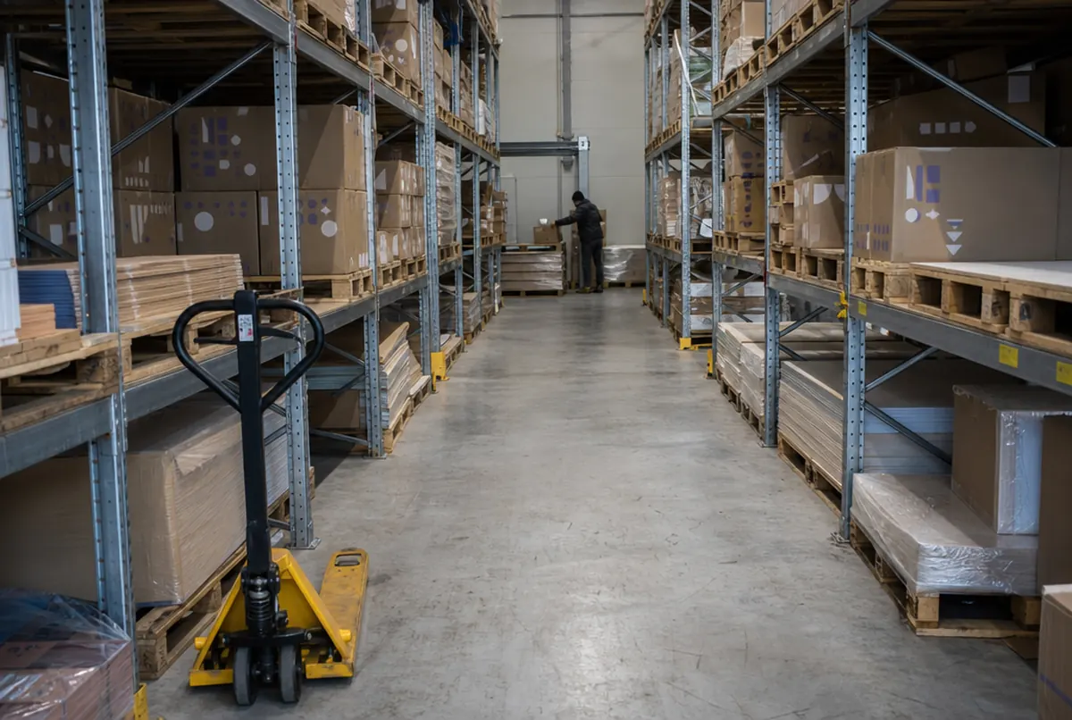 Warehouse storing spare graphics on pallet racking for on-demand shipments