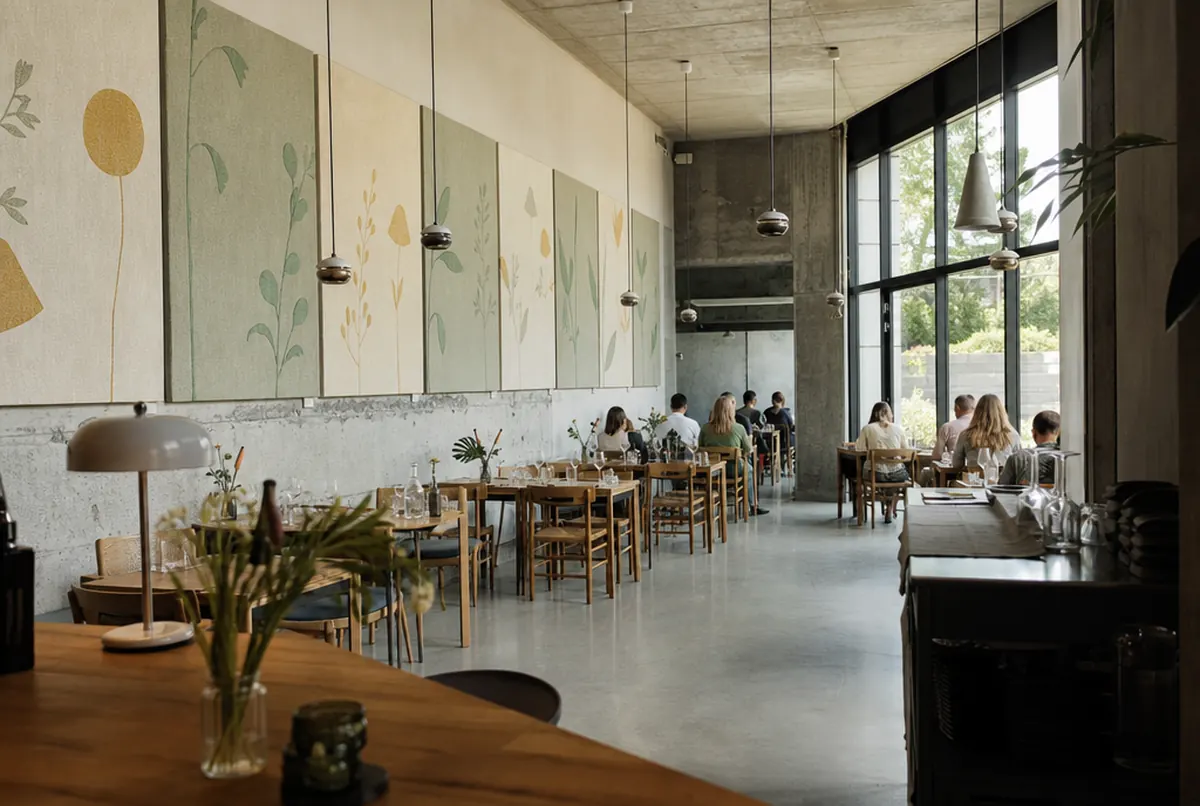 Bedruckte Akustikpaneele mit Pflanzenmotiv an der Wand eines Restaurants mit Betoninterieur