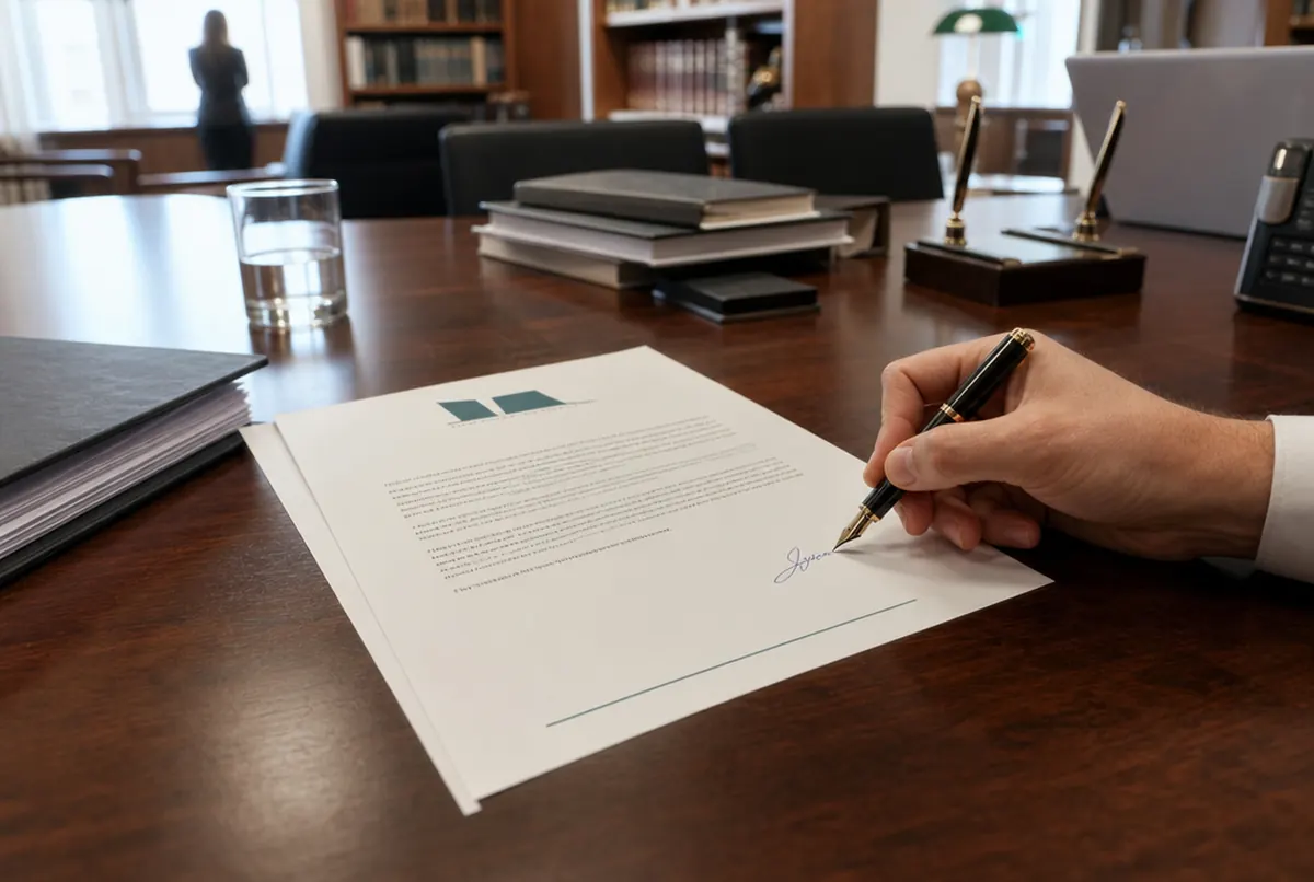 Letter on company letterhead with header and footer being signed at a desk