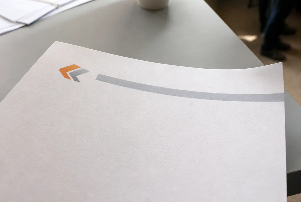 Close-up of a letterhead header printed on white offset paper