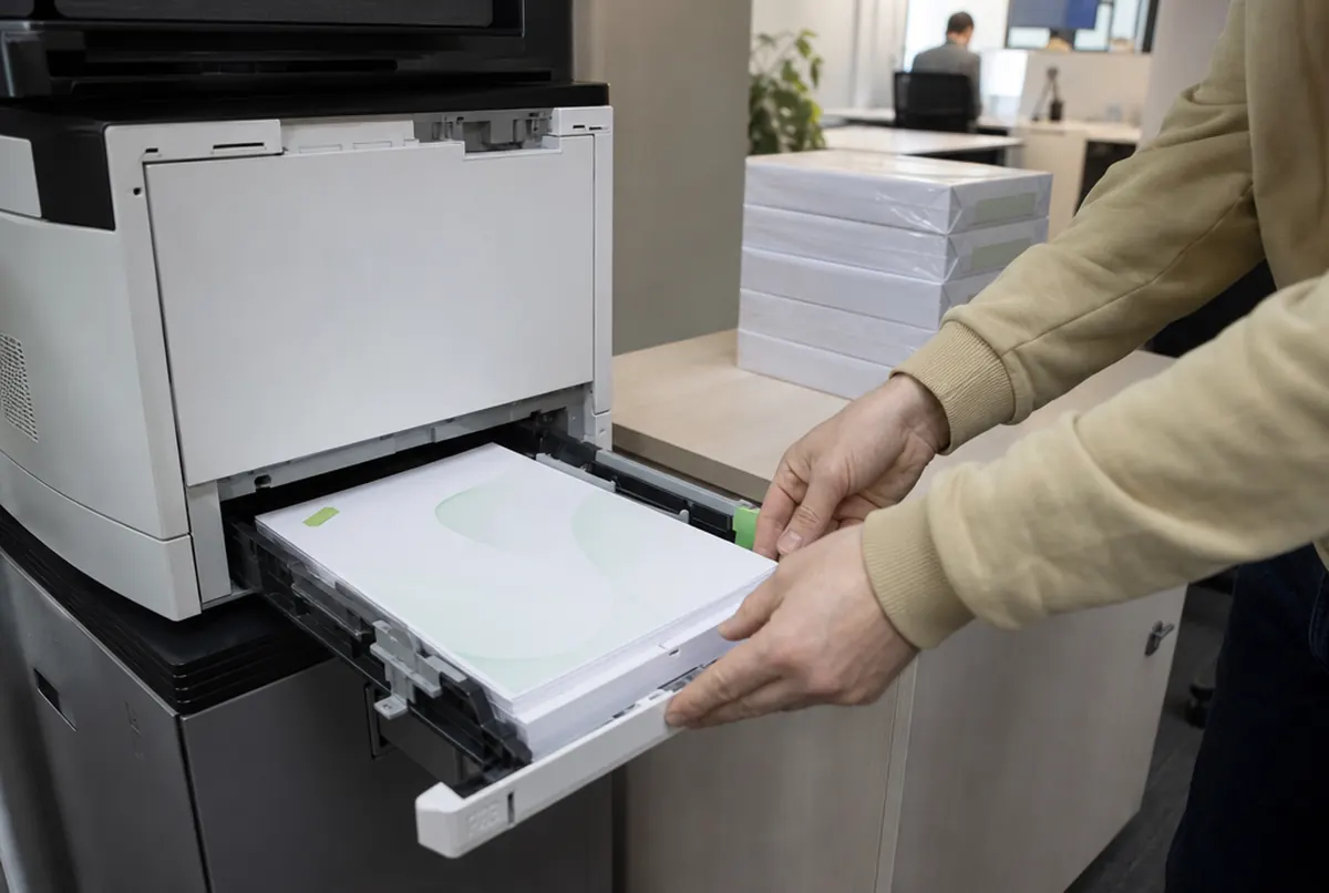 Loading pre-printed letterhead paper into an office printer tray