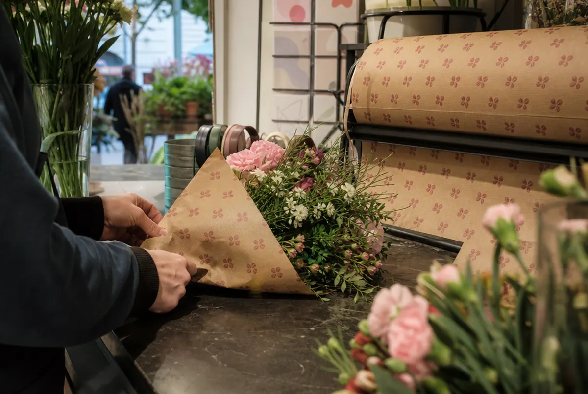 A florist wrapping a bouquet in kraft paper with a small flower print