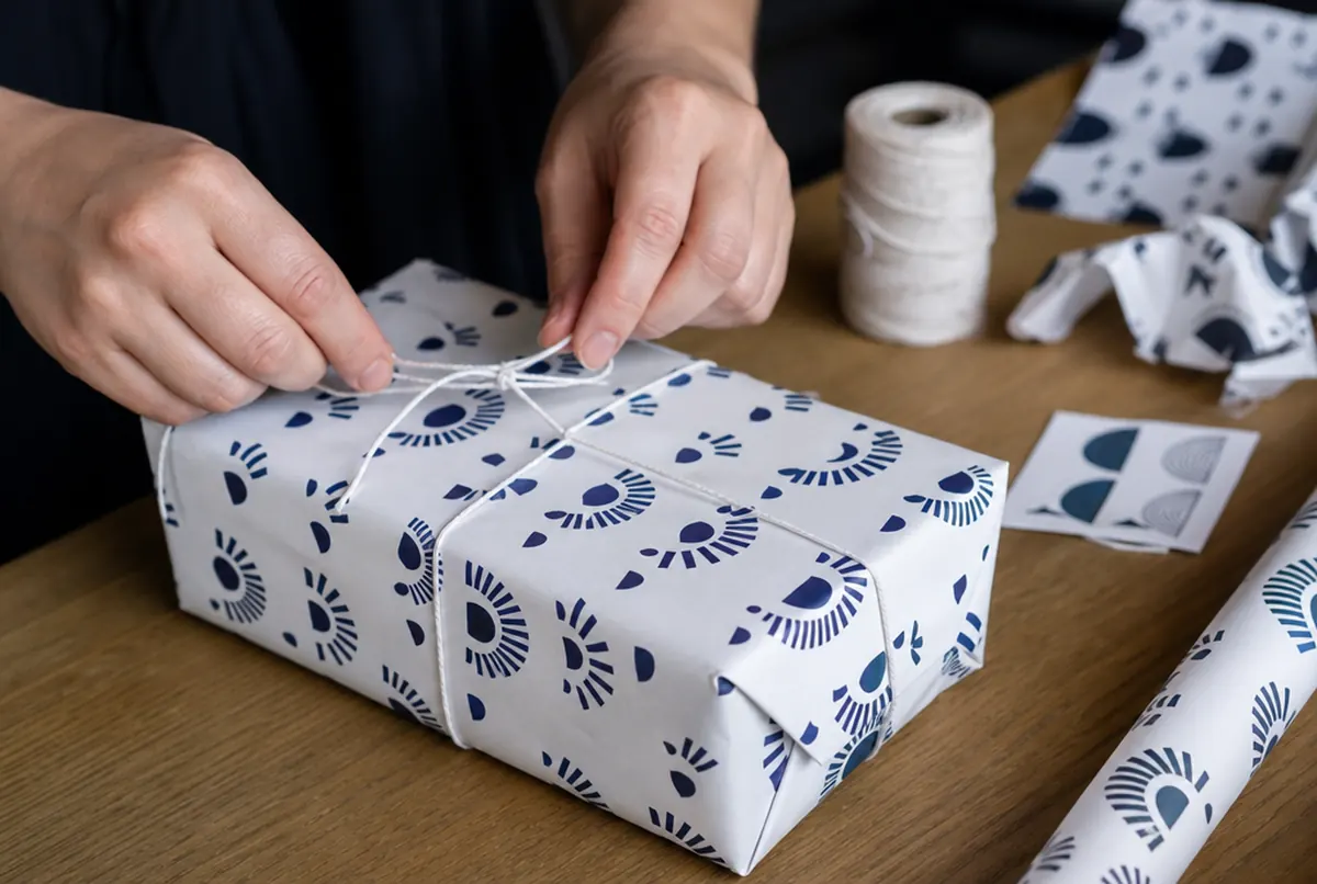Close-up of a gift wrapped in paper with a pattern visible on every fold