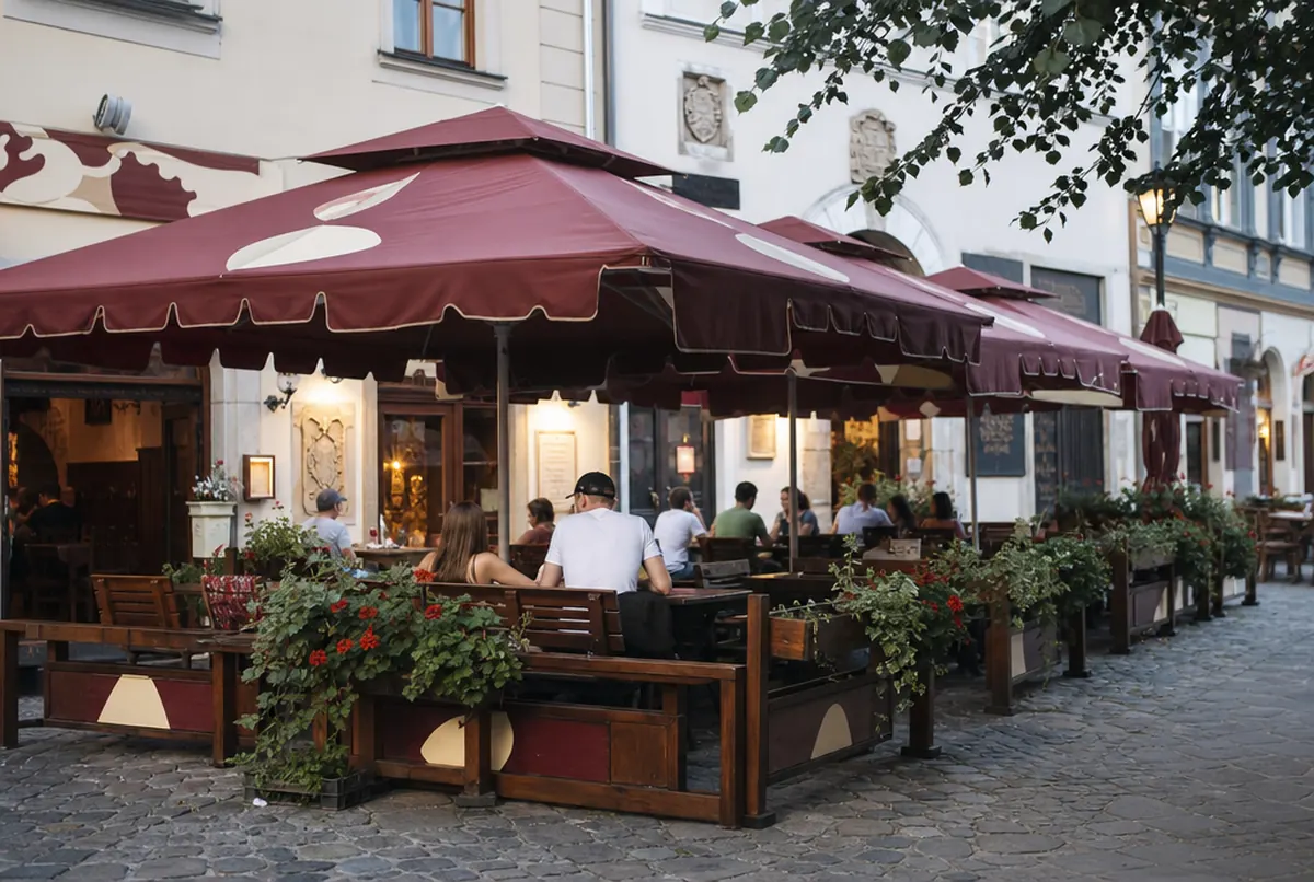 Printed 3 x 3 m market umbrellas in a beer garden in front of a restaurant