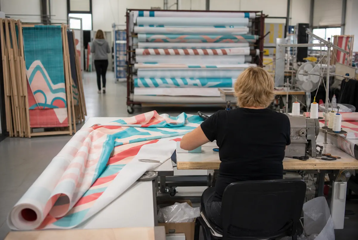 Sewing pole tunnels into printed beach windbreak fabric in the sewing room