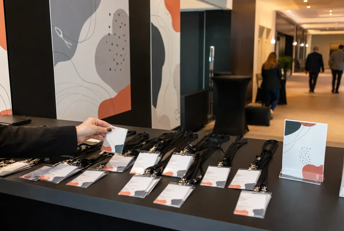 Personalised name badges on lanyards laid out in groups at a conference registration desk