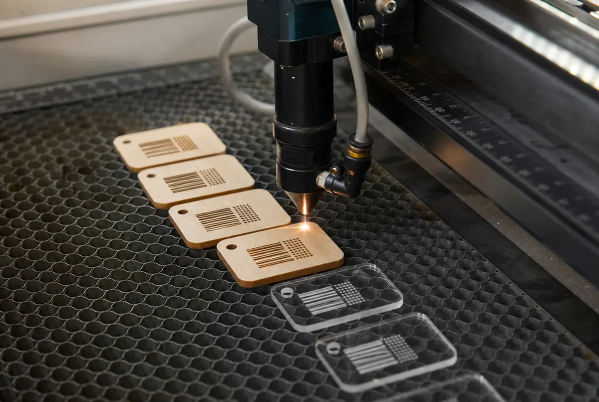 Close-up of laser engraving serial numbering onto wooden tags