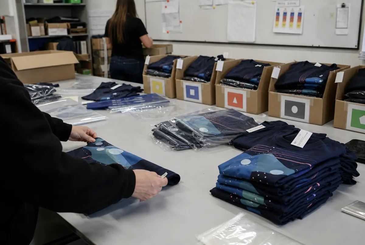 Folding and bagging printed T-shirts by size on the finishing table