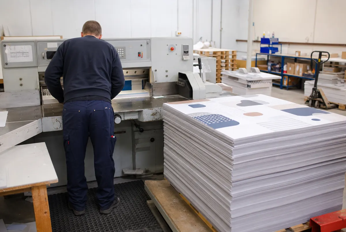 Trimming desk pad blocks on a guillotine in the print finishing room