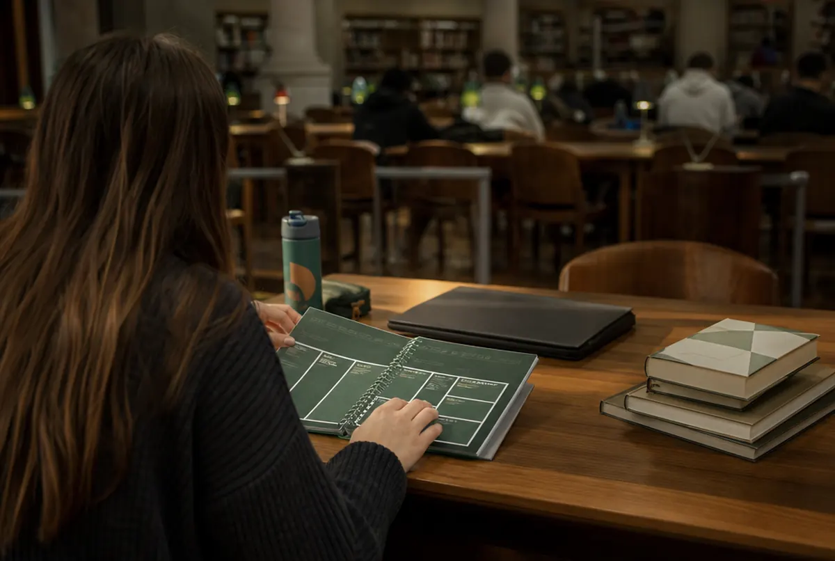 Student at a library desk using a printed university planner
