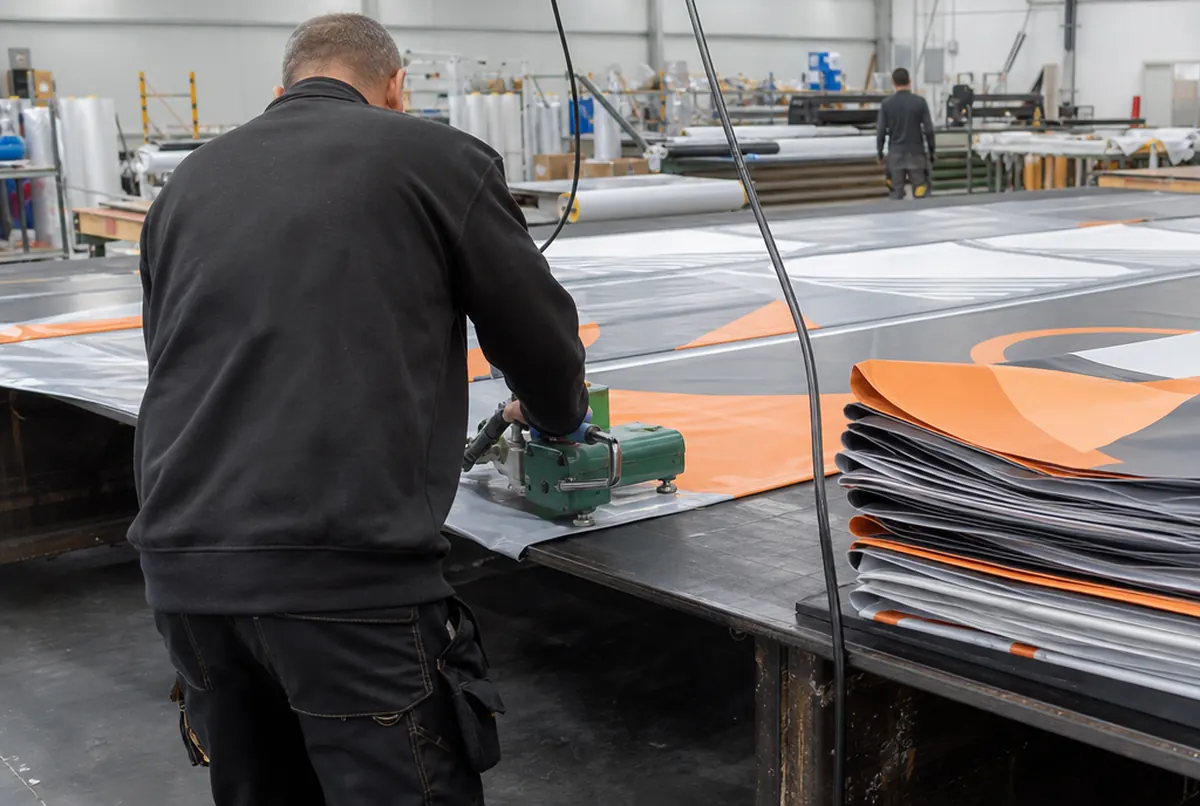 Welding the hems of PVC banner barrier covers in the production hall