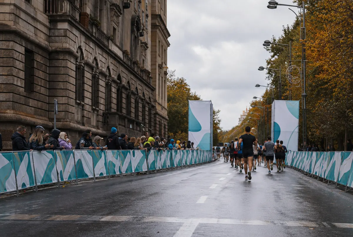 Barriers with repeating printed covers along the final straight of a city run