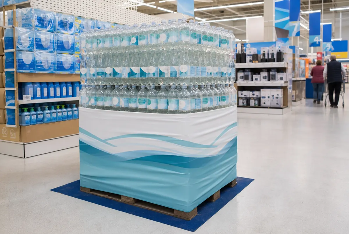 Printed fabric cover on a pallet of bottled water on a hypermarket promo spot