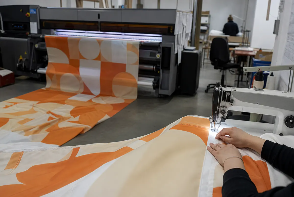 Dye-sublimation printing fabric and sewing a pallet cover in the sewing room