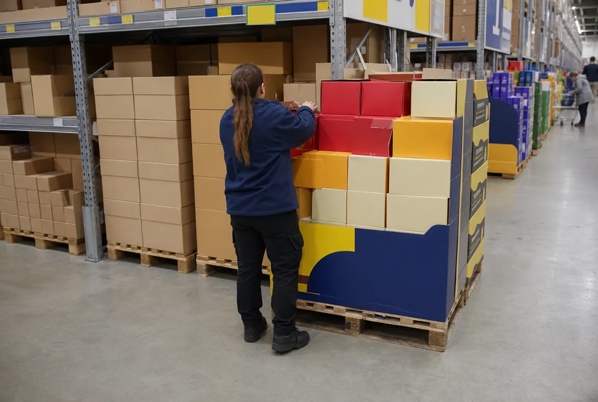 Printed cardboard surround on a half-pallet display in a wholesale store