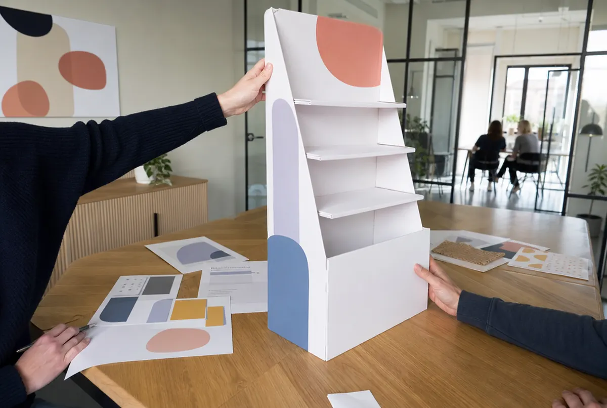 A client examines a white display mock-up and A3 print samples on various materials
